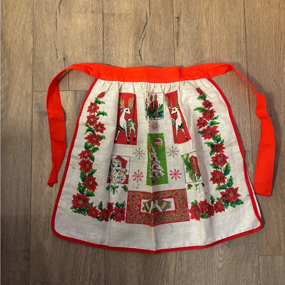 Vintage Linen Festive Red and White Apron Skirt Baking Holiday Christmas